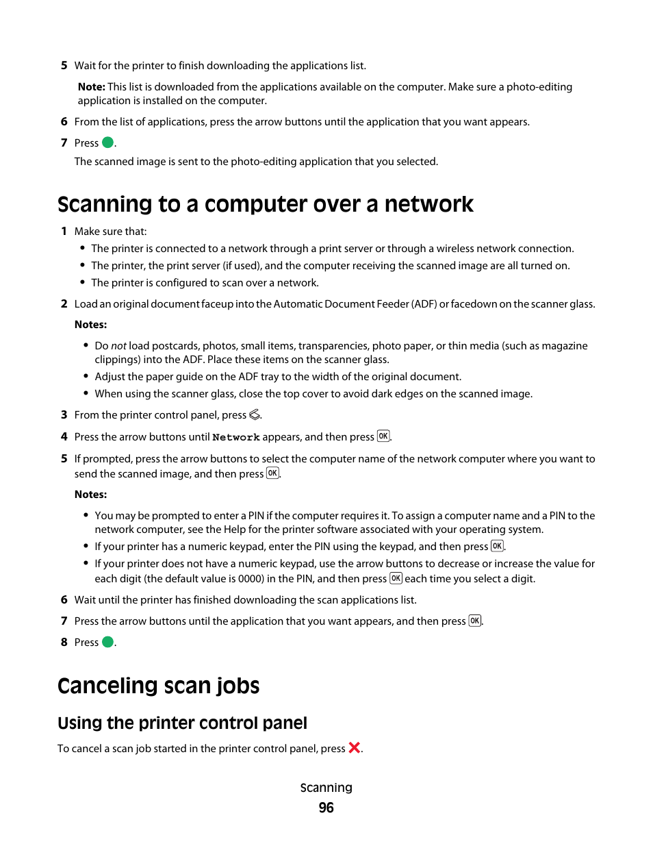 Scanning to a computer over a network, Canceling scan jobs, Using the printer control panel | Lexmark 5600 Series User Manual | Page 96 / 173
