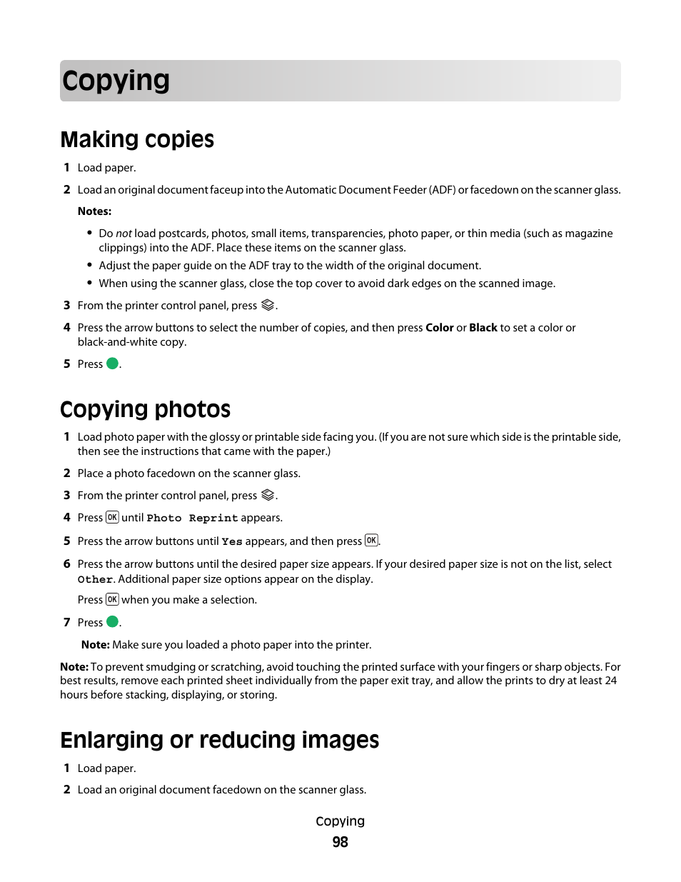 Copying, Making copies, Copying photos | Enlarging or reducing images | Lexmark 5600 Series User Manual | Page 98 / 173