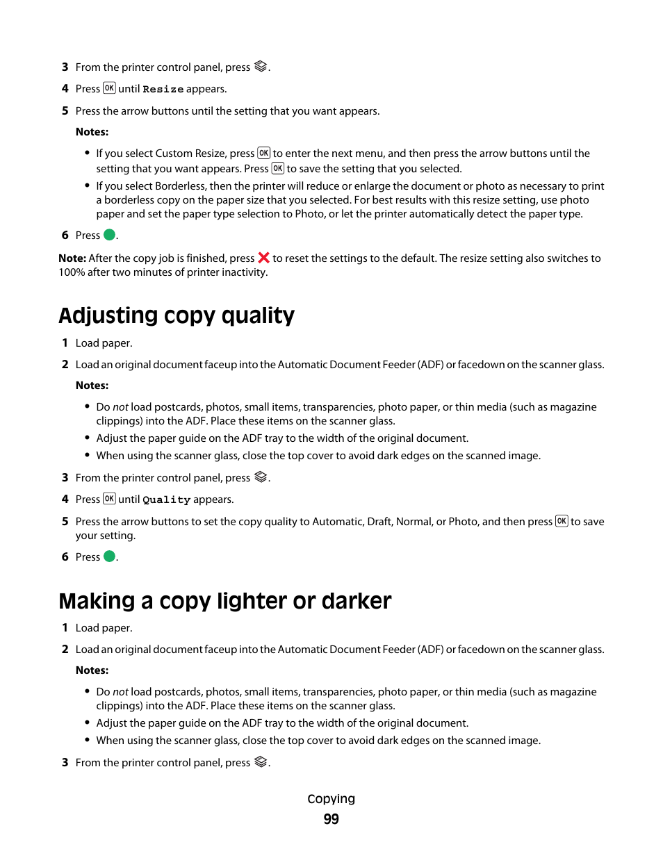 Adjusting copy quality, Making a copy lighter or darker | Lexmark 5600 Series User Manual | Page 99 / 173