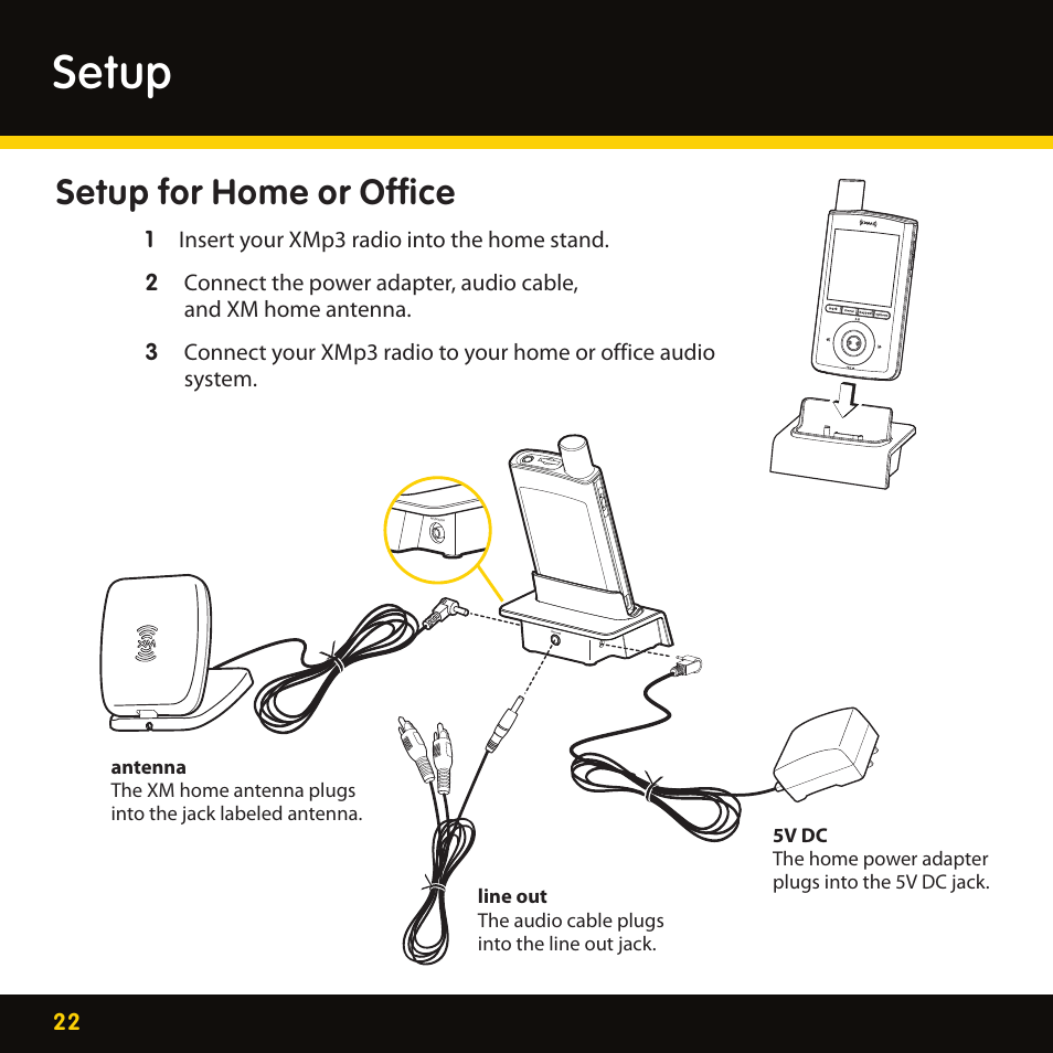 Setup, Setup for home or office | Lexmark XM MP3 GEX-XMP3 User Manual | Page 22 / 78