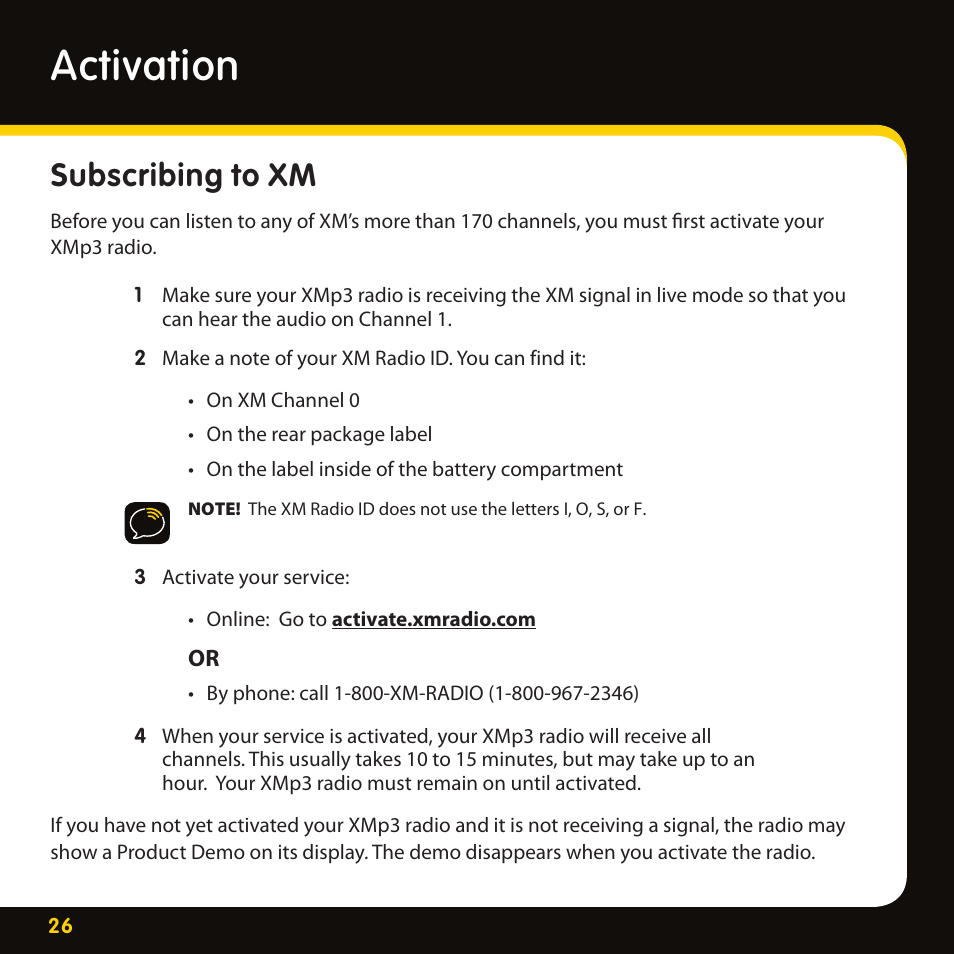 Activation, Subscribing to xm | Lexmark XM MP3 GEX-XMP3 User Manual | Page 26 / 78