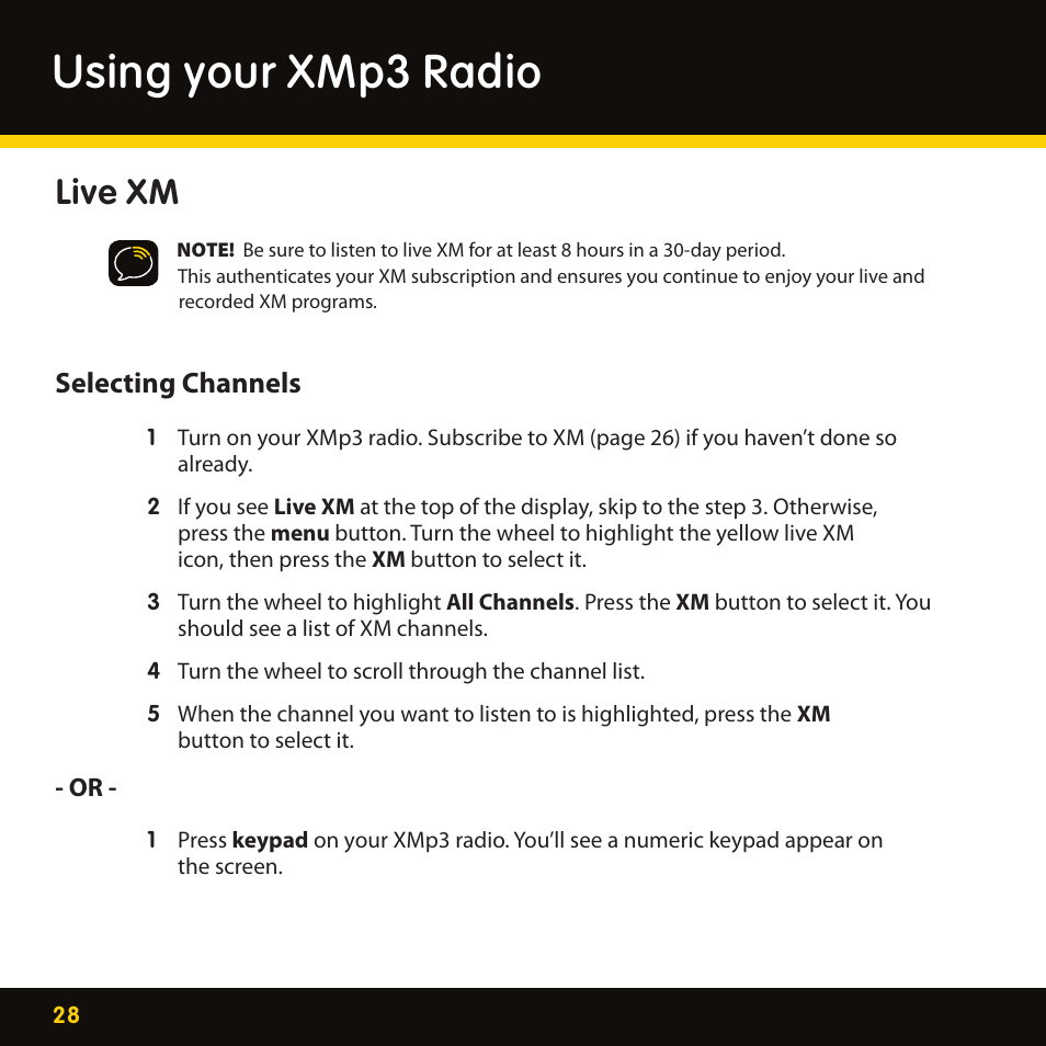 Using your xmp3 radio, Live xm, Selecting channels | Lexmark XM MP3 GEX-XMP3 User Manual | Page 28 / 78