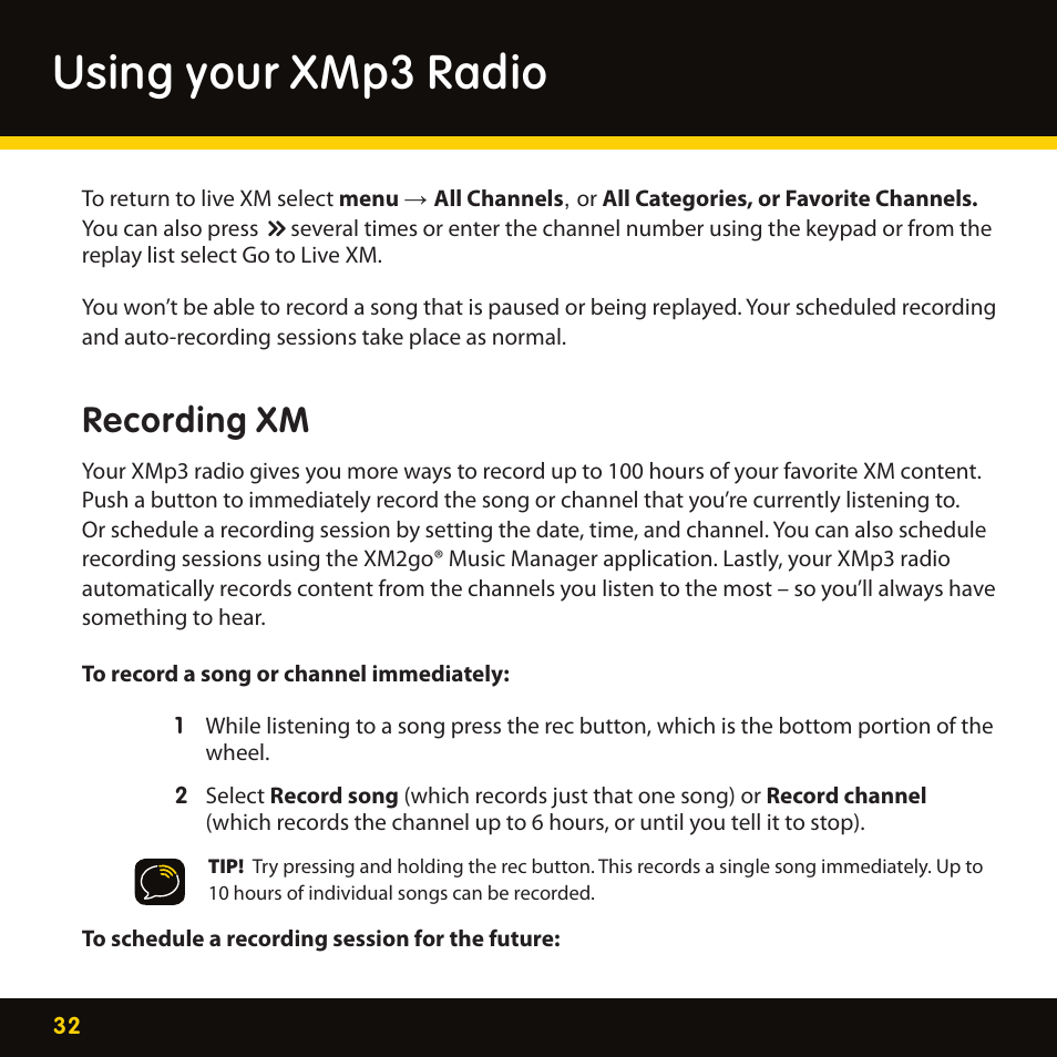 Using your xmp3 radio, Recording xm | Lexmark XM MP3 GEX-XMP3 User Manual | Page 32 / 78