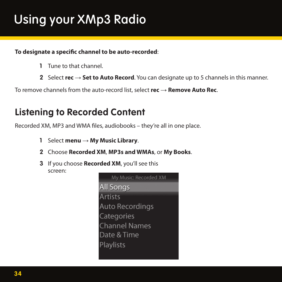 Using your xmp3 radio, Listening to recorded content | Lexmark XM MP3 GEX-XMP3 User Manual | Page 34 / 78