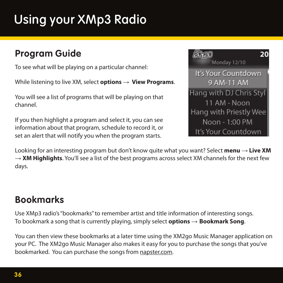 Using your xmp3 radio, Program guide, Bookmarks | Lexmark XM MP3 GEX-XMP3 User Manual | Page 36 / 78