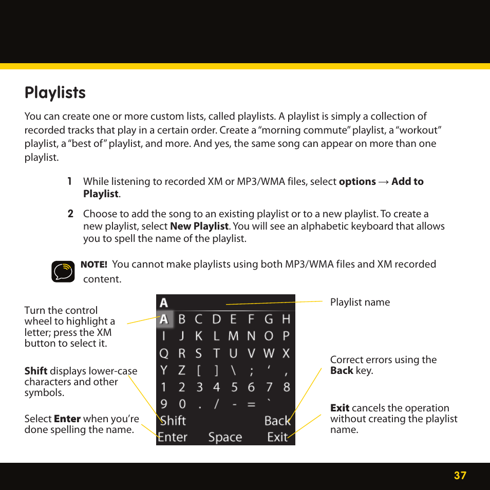 Playlists | Lexmark XM MP3 GEX-XMP3 User Manual | Page 37 / 78