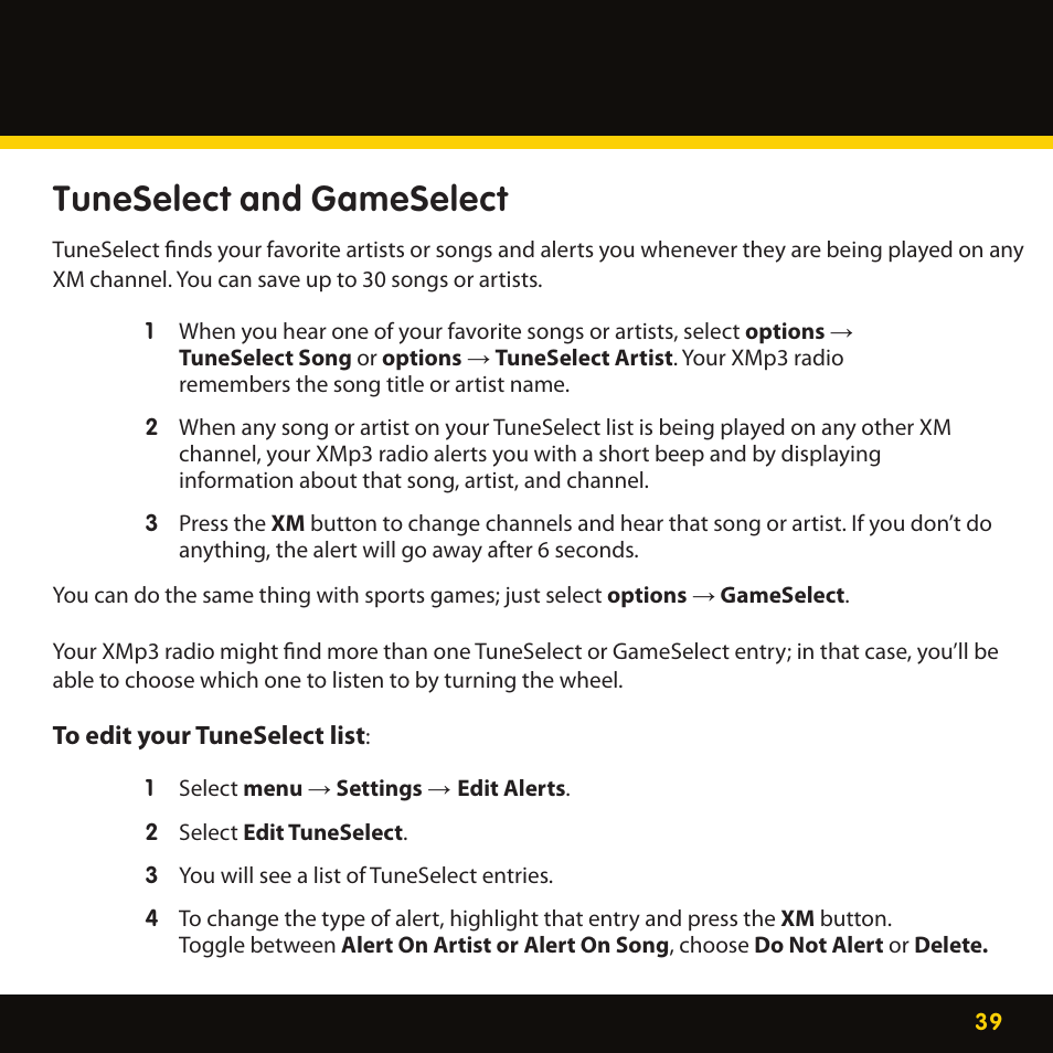 Tuneselect and gameselect | Lexmark XM MP3 GEX-XMP3 User Manual | Page 39 / 78