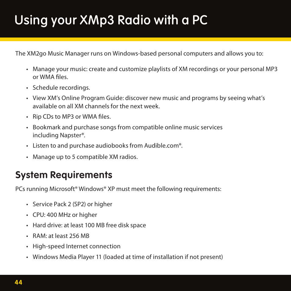 Using your xmp3 radio with a pc, System requirements | Lexmark XM MP3 GEX-XMP3 User Manual | Page 44 / 78