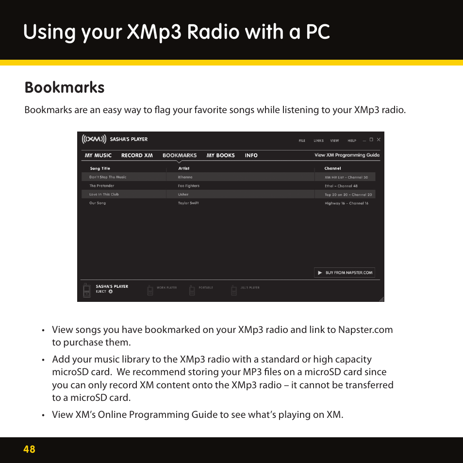 Using your xmp3 radio with a pc, Bookmarks | Lexmark XM MP3 GEX-XMP3 User Manual | Page 48 / 78