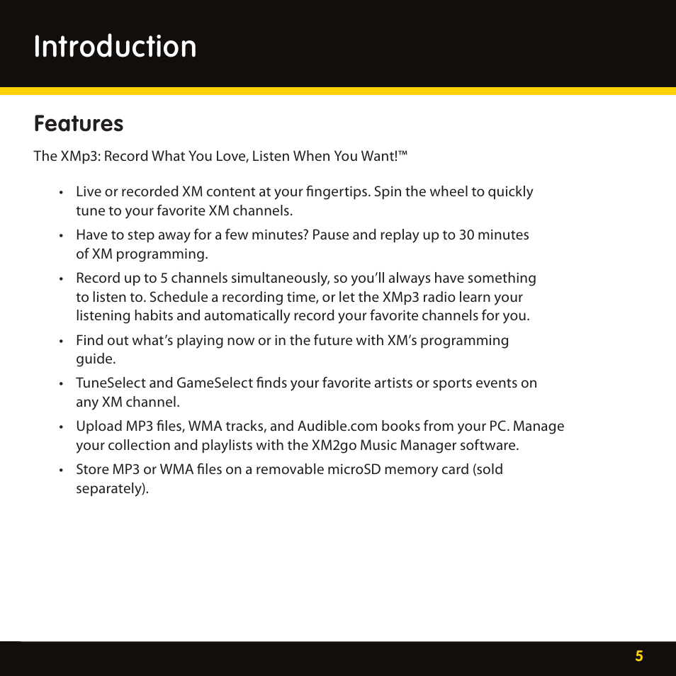 Introduction, Features | Lexmark XM MP3 GEX-XMP3 User Manual | Page 5 / 78