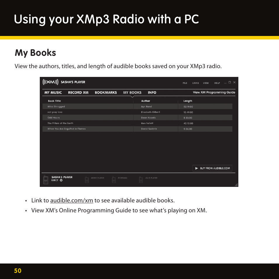 Using your xmp3 radio with a pc, My books | Lexmark XM MP3 GEX-XMP3 User Manual | Page 50 / 78