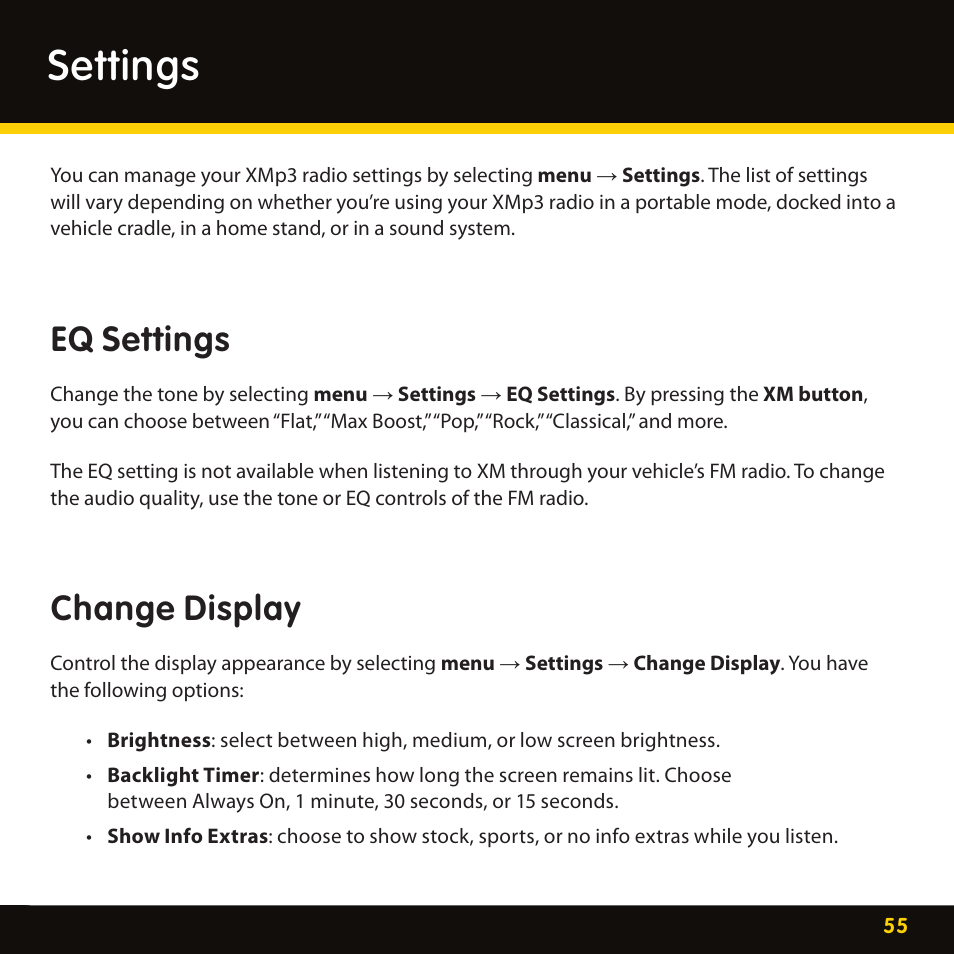 Settings, Eq settings, Change display | Lexmark XM MP3 GEX-XMP3 User Manual | Page 55 / 78