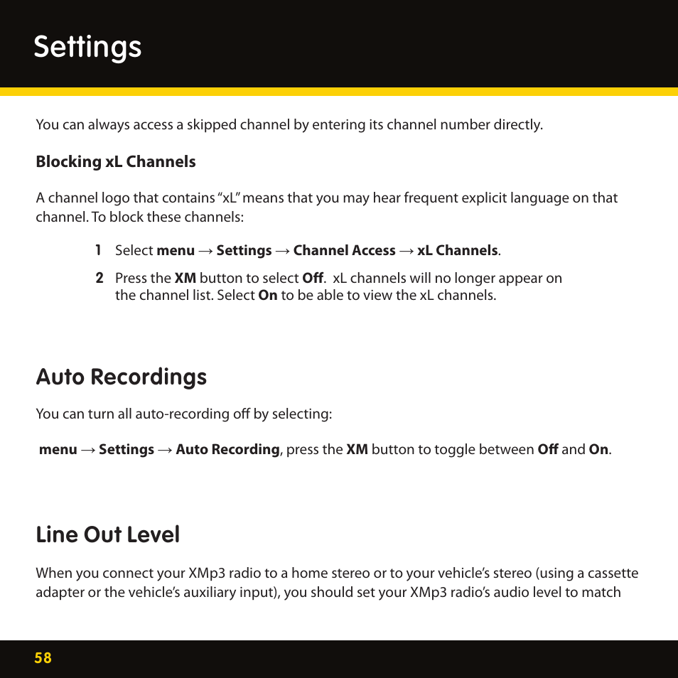 Settings, Auto recordings, Line out level | Lexmark XM MP3 GEX-XMP3 User Manual | Page 58 / 78