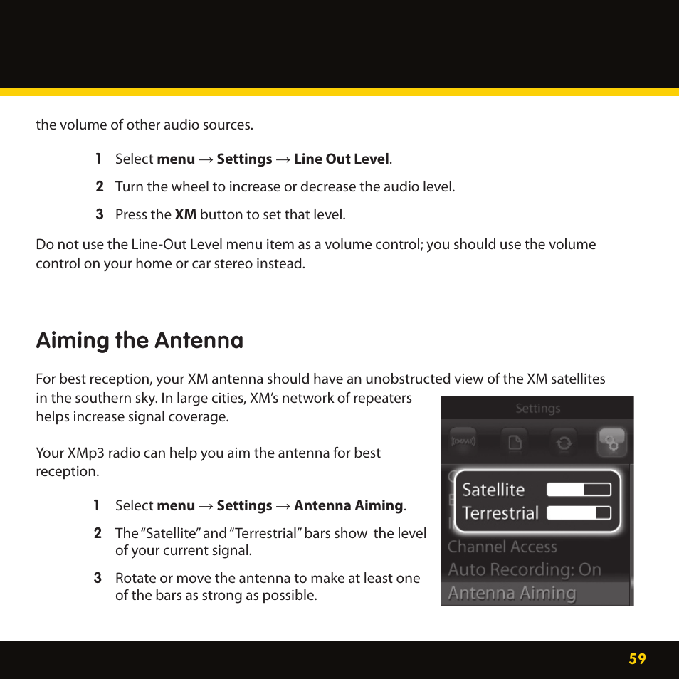 Aiming the antenna | Lexmark XM MP3 GEX-XMP3 User Manual | Page 59 / 78