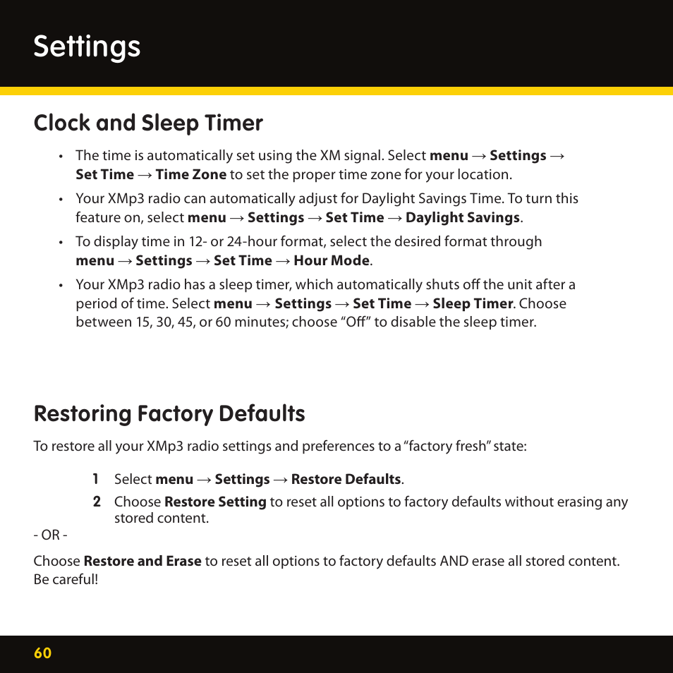 Settings, Clock and sleep timer, Restoring factory defaults | Lexmark XM MP3 GEX-XMP3 User Manual | Page 60 / 78