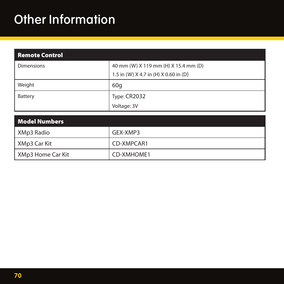 Other information | Lexmark XM MP3 GEX-XMP3 User Manual | Page 70 / 78