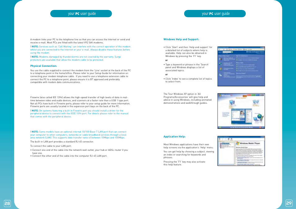 Your, User guide, User guide modems | Firewire (ieee 1394) ports, Lan network port (ethernet), Getting help in windows xp | Lexmark PC User Manual | Page 15 / 20