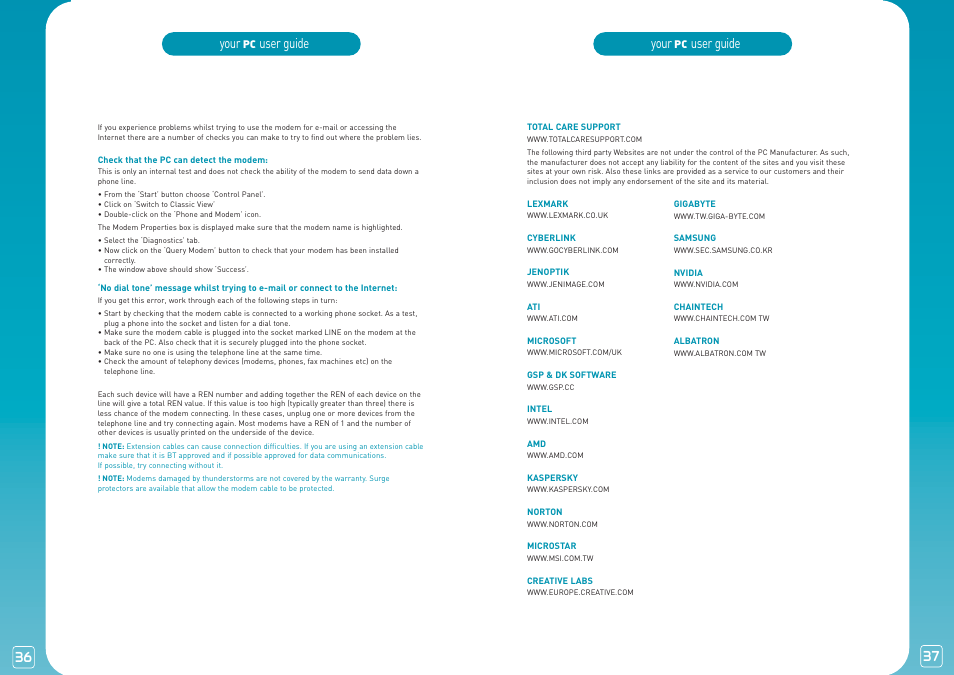 Your, User guide, User guide troubleshooting modems | Useful web sites | Lexmark PC User Manual | Page 19 / 20