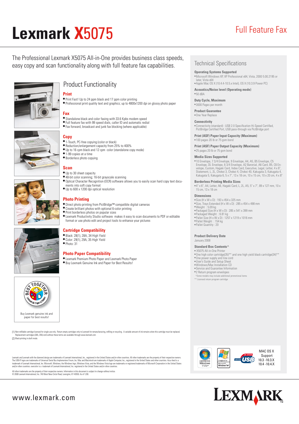 Lexmark x 5075, Full feature fax, Product functionality | Technical specifications, Print, Copy, Scan, Photo printing, Cartridge compatibility, Photo paper compatibility | Lexmark X5075 4-in-1 User Manual | Page 2 / 2