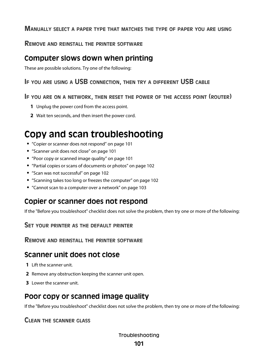 Computer slows down when printing, Copy and scan troubleshooting, Copier or scanner does not respond | Scanner unit does not close, Poor copy or scanned image quality | Lexmark 30E User Manual | Page 101 / 144