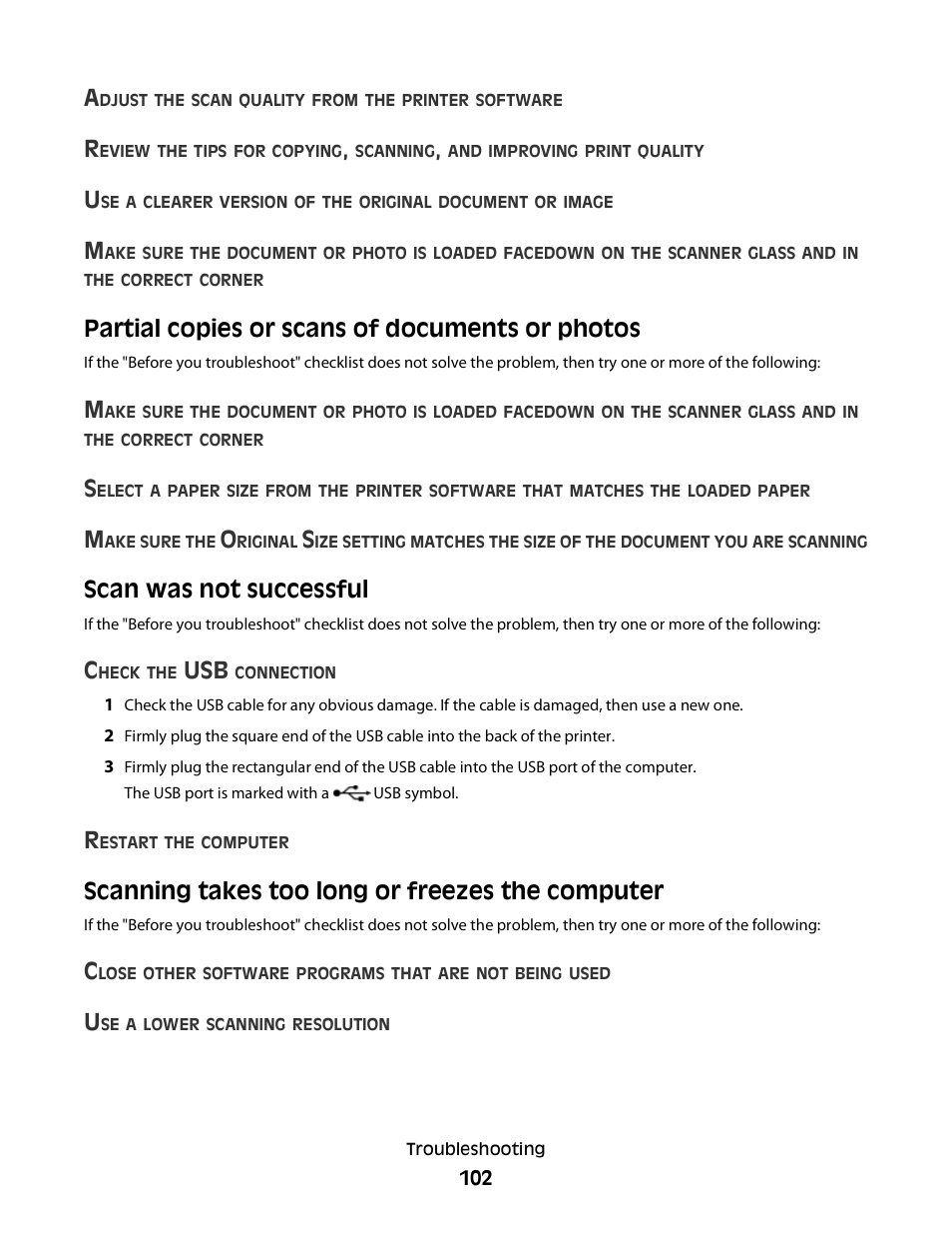 Partial copies or scans of documents or photos, Scan was not successful, Scanning takes too long or freezes the computer | Lexmark 30E User Manual | Page 102 / 144