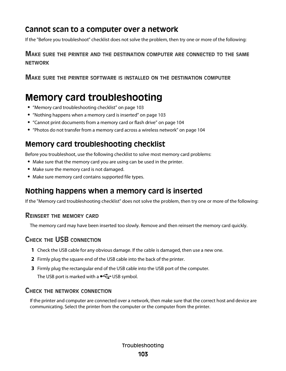 Cannot scan to a computer over a network, Memory card troubleshooting, Memory card troubleshooting checklist | Nothing happens when a memory card is inserted | Lexmark 30E User Manual | Page 103 / 144
