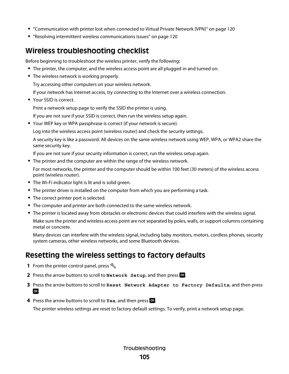 Wireless troubleshooting checklist | Lexmark 30E User Manual | Page 105 / 144