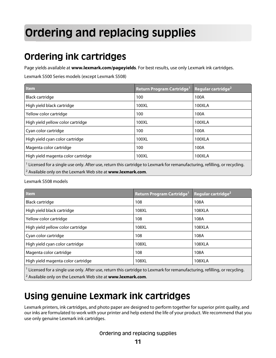 Ordering and replacing supplies, Ordering ink cartridges, Using genuine lexmark ink cartridges | Lexmark 30E User Manual | Page 11 / 144