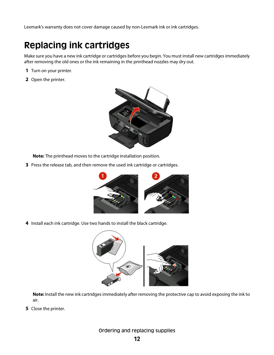 Replacing ink cartridges | Lexmark 30E User Manual | Page 12 / 144