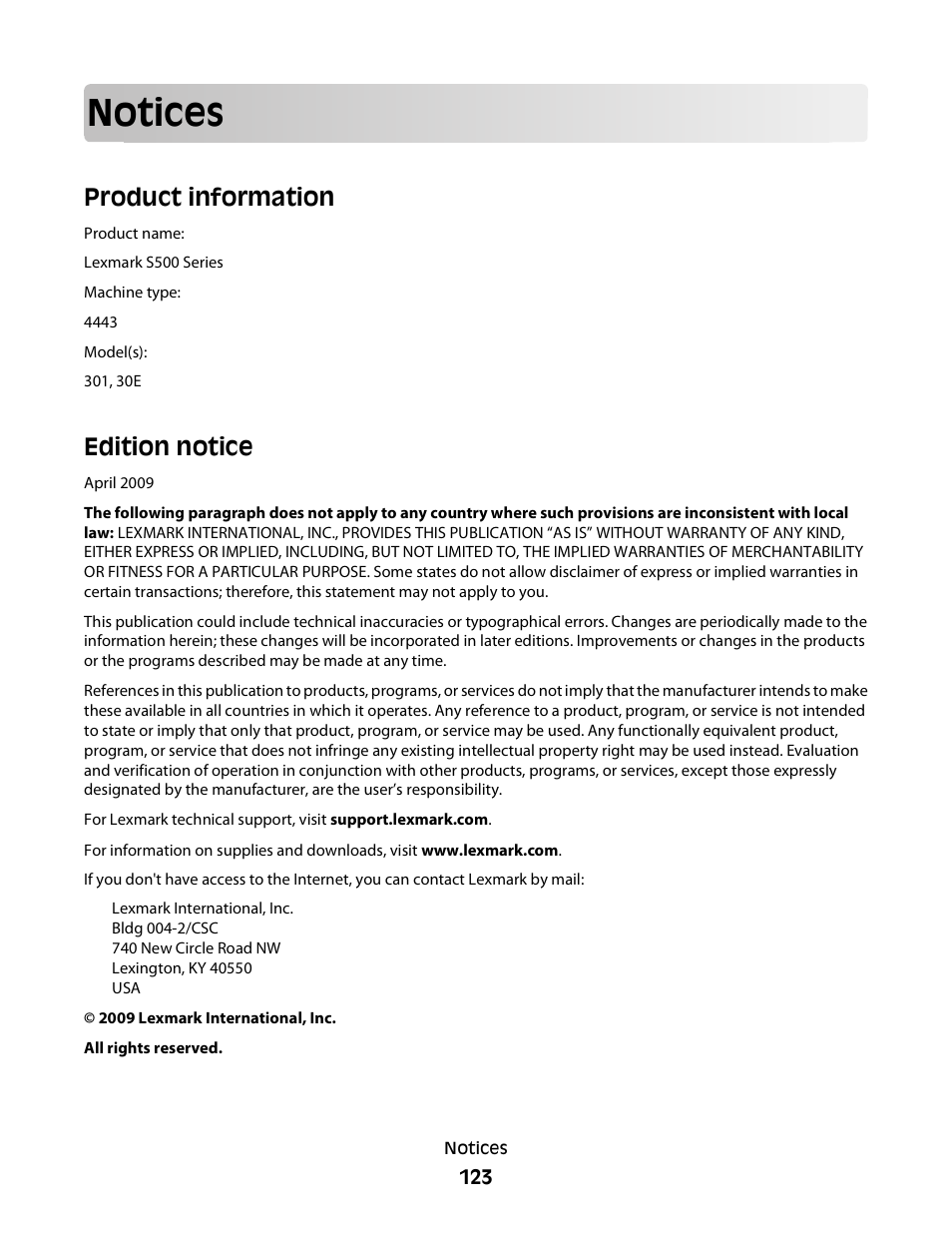 Notices, Product information, Edition notice | Lexmark 30E User Manual | Page 123 / 144