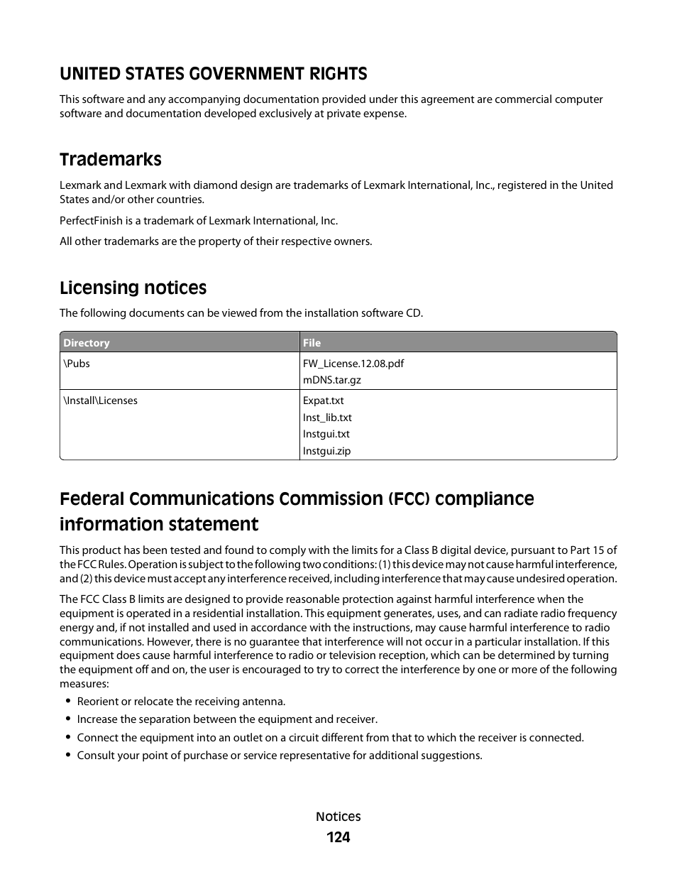 United states government rights, Trademarks, Licensing notices | Lexmark 30E User Manual | Page 124 / 144