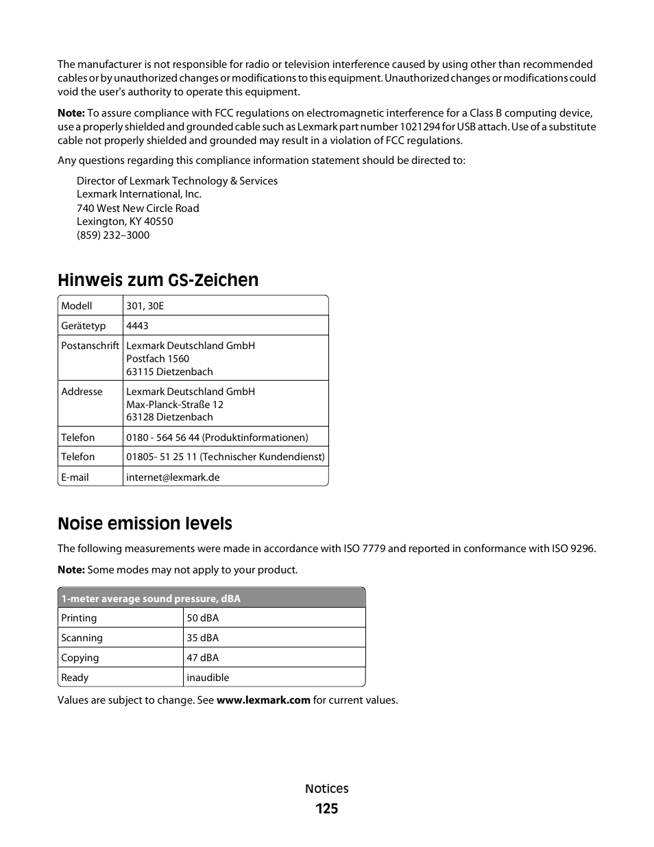 Hinweis zum gs-zeichen, Noise emission levels | Lexmark 30E User Manual | Page 125 / 144