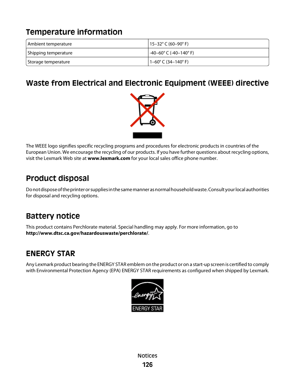 Temperature information, Product disposal, Battery notice | Energy star | Lexmark 30E User Manual | Page 126 / 144