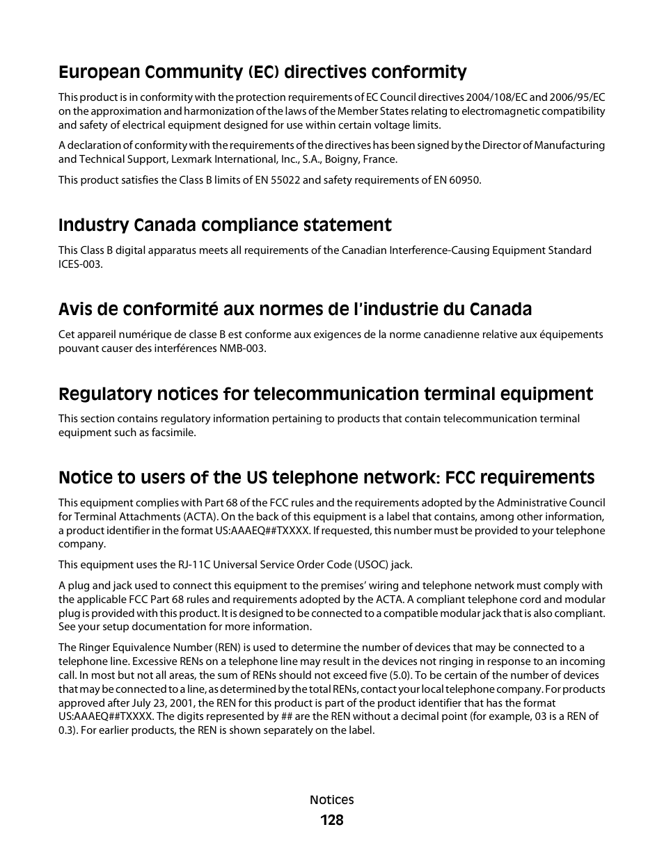 European community (ec) directives conformity, Industry canada compliance statement | Lexmark 30E User Manual | Page 128 / 144