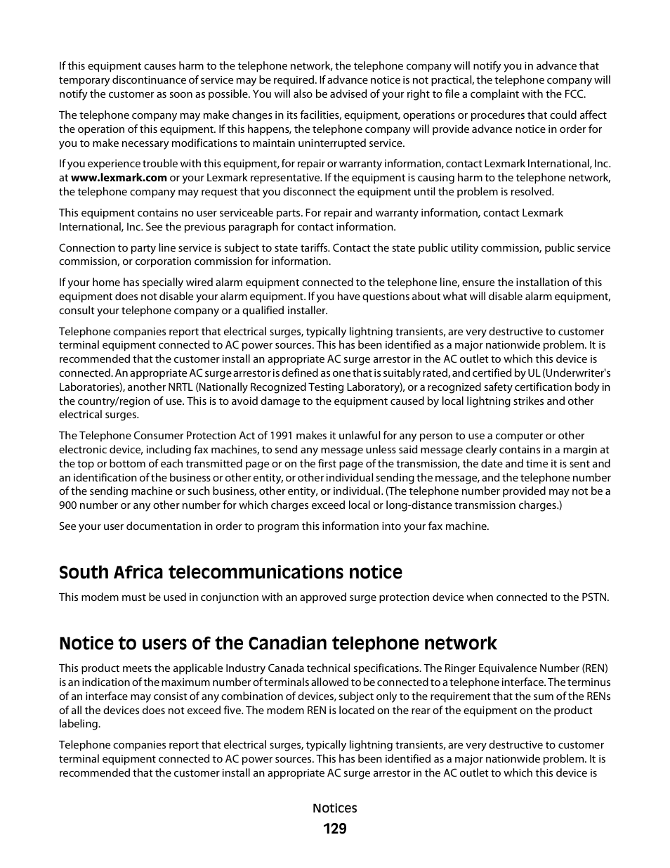 South africa telecommunications notice, Notice to users of the canadian telephone network | Lexmark 30E User Manual | Page 129 / 144