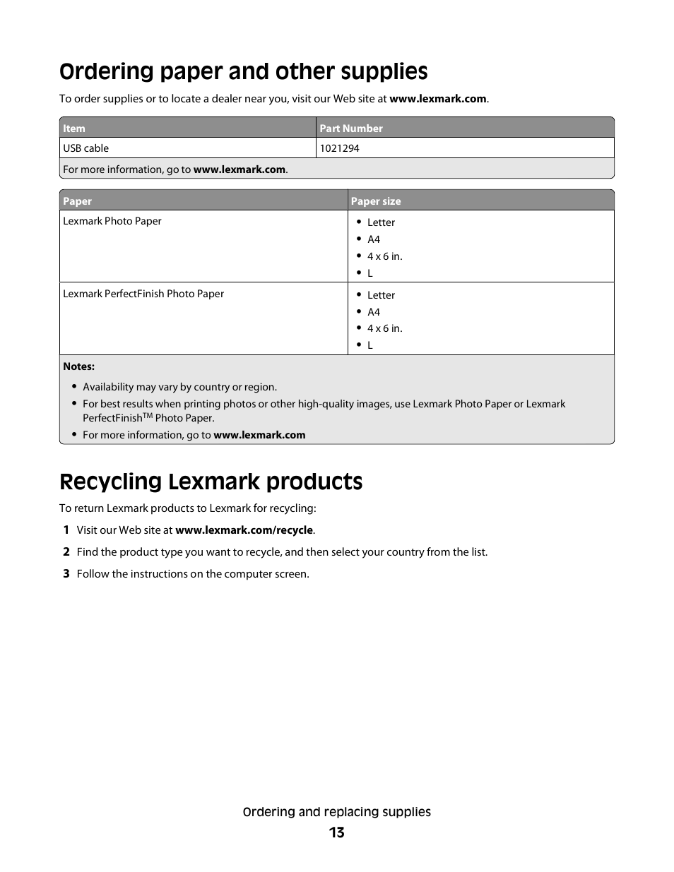 Ordering paper and other supplies, Recycling lexmark products | Lexmark 30E User Manual | Page 13 / 144