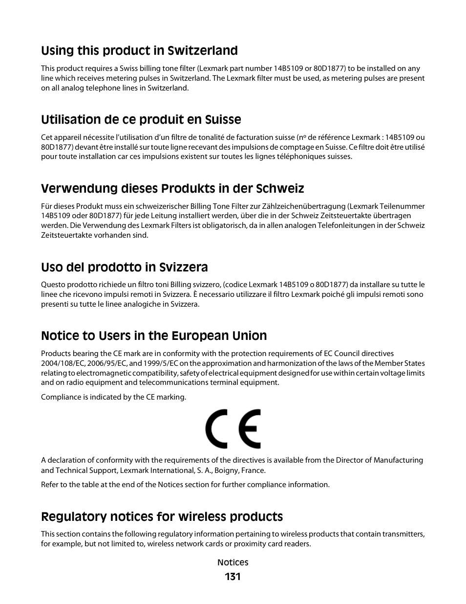 Notice to users in the european union, Regulatory notices for wireless products, Using this product in switzerland | Utilisation de ce produit en suisse, Verwendung dieses produkts in der schweiz, Uso del prodotto in svizzera | Lexmark 30E User Manual | Page 131 / 144