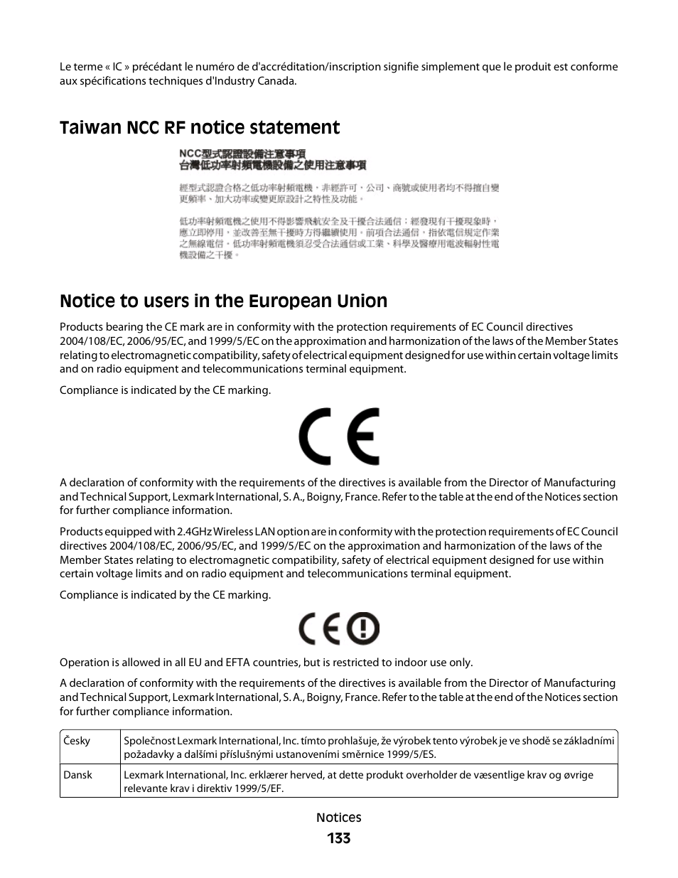 Taiwan ncc rf notice statement, Notice to users in the european union | Lexmark 30E User Manual | Page 133 / 144