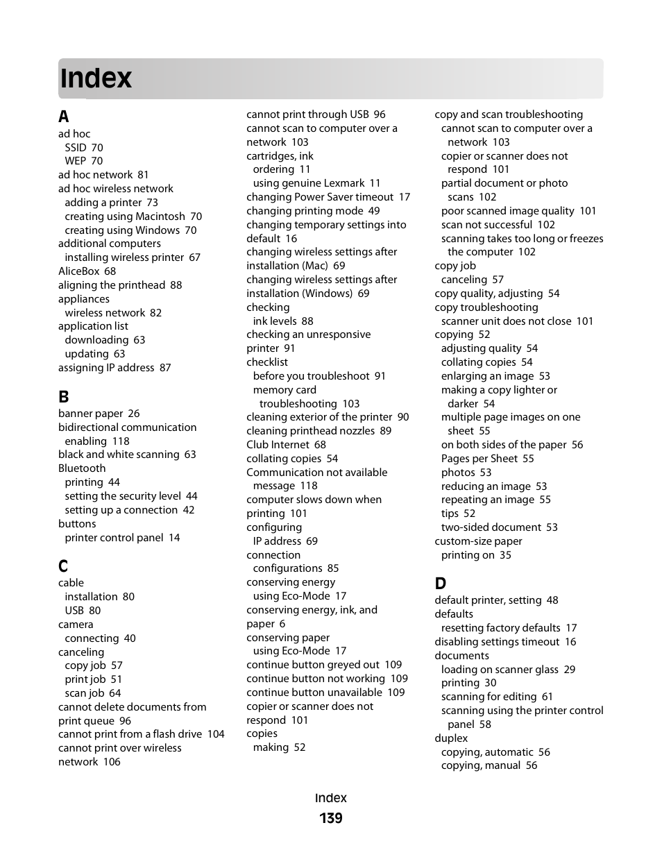Index | Lexmark 30E User Manual | Page 139 / 144