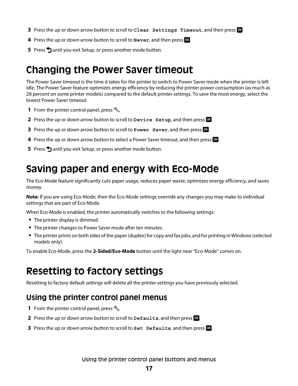 Changing the power saver timeout, Saving paper and energy with eco-mode, Resetting to factory settings | Using the printer control panel menus | Lexmark 30E User Manual | Page 17 / 144
