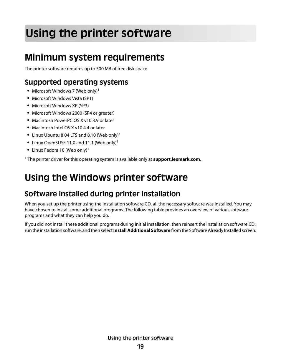 Using the printer software, Minimum system requirements, Using the windows printer software | Supported operating systems, Software installed during printer installation | Lexmark 30E User Manual | Page 19 / 144