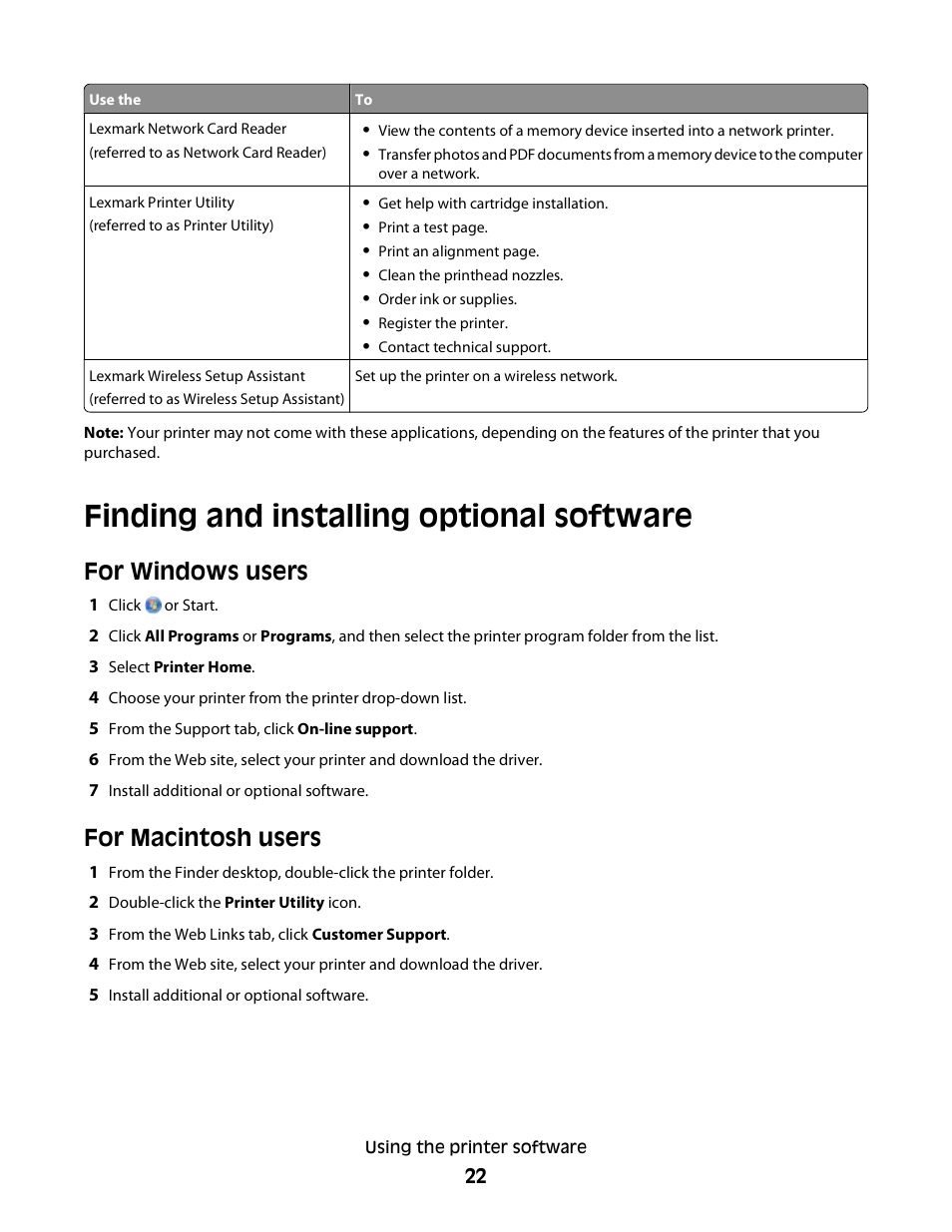 Finding and installing optional software, For windows users, For macintosh users | Lexmark 30E User Manual | Page 22 / 144