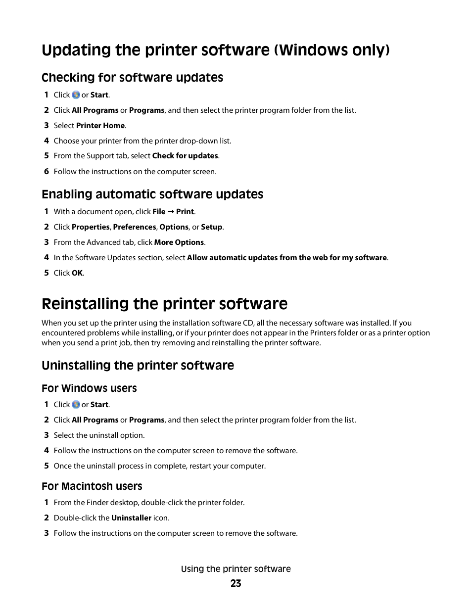 Updating the printer software (windows only), Reinstalling the printer software, Uninstalling the printer software | Checking for software updates, Enabling automatic software updates | Lexmark 30E User Manual | Page 23 / 144