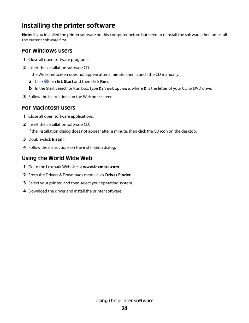 Installing the printer software | Lexmark 30E User Manual | Page 24 / 144