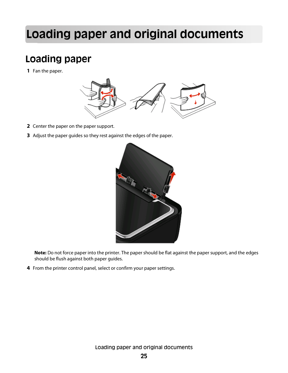 Loading paper and original documents, Loading paper | Lexmark 30E User Manual | Page 25 / 144