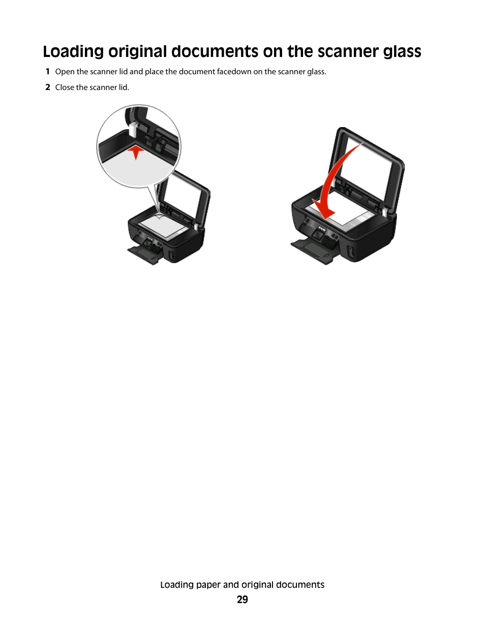 Loading original documents on the scanner glass | Lexmark 30E User Manual | Page 29 / 144
