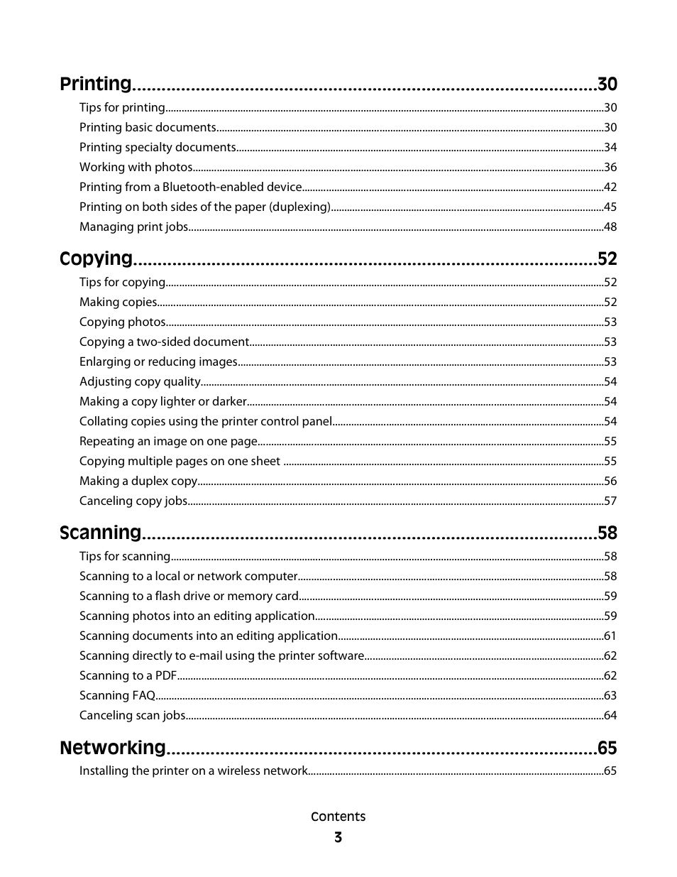 Printing, Copying, Scanning | Networking | Lexmark 30E User Manual | Page 3 / 144