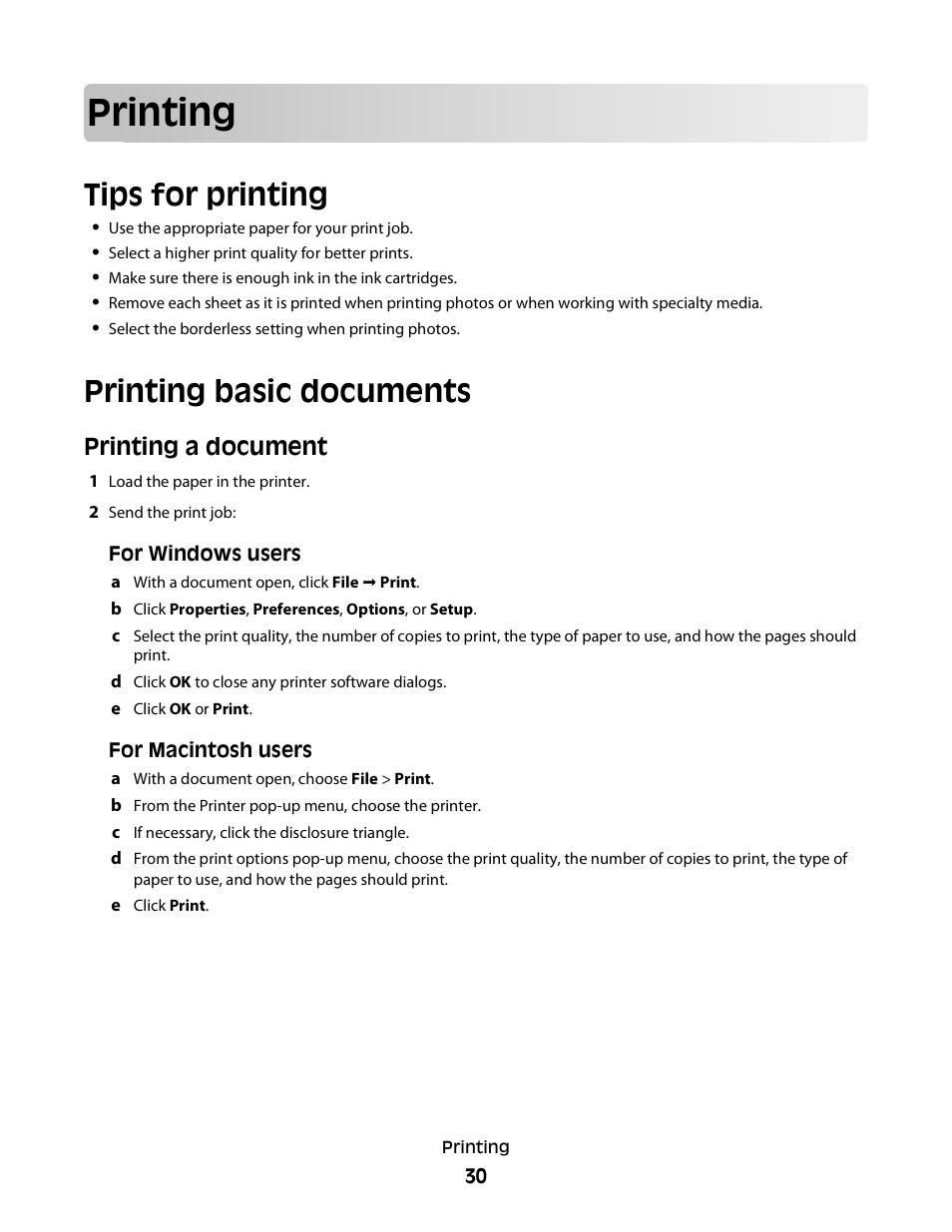 Printing, Tips for printing, Printing basic documents | Printing a document | Lexmark 30E User Manual | Page 30 / 144