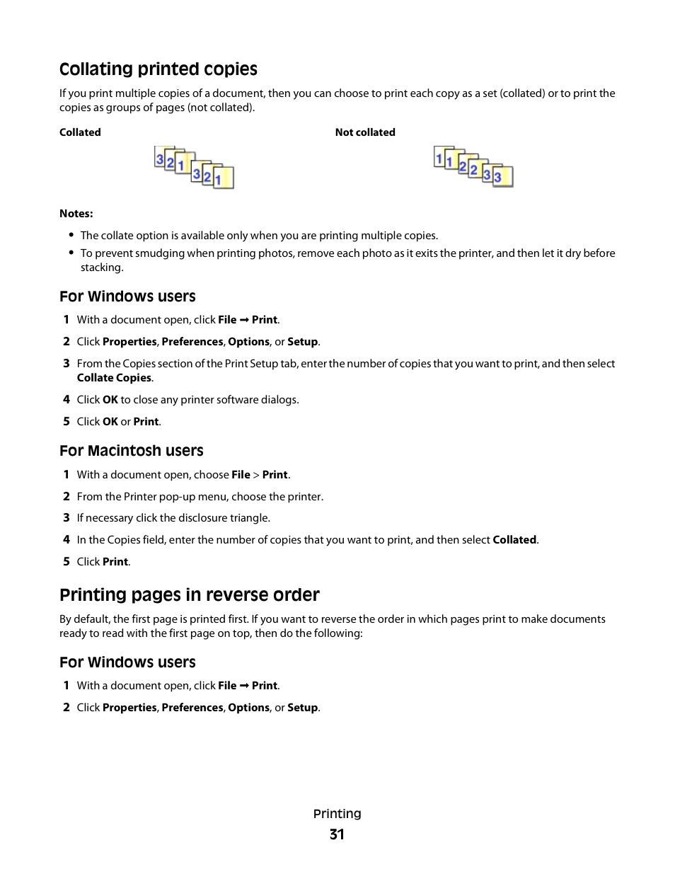 Collating printed copies, Printing pages in reverse order | Lexmark 30E User Manual | Page 31 / 144