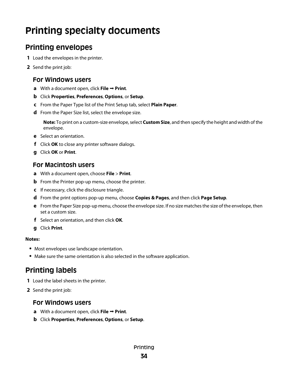 Printing specialty documents, Printing envelopes, Printing labels | Lexmark 30E User Manual | Page 34 / 144